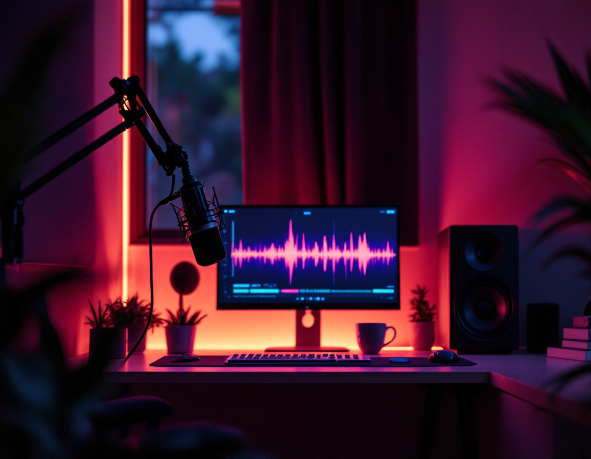 Glenmoor Audio's editing room with a microphone and waveform on screen