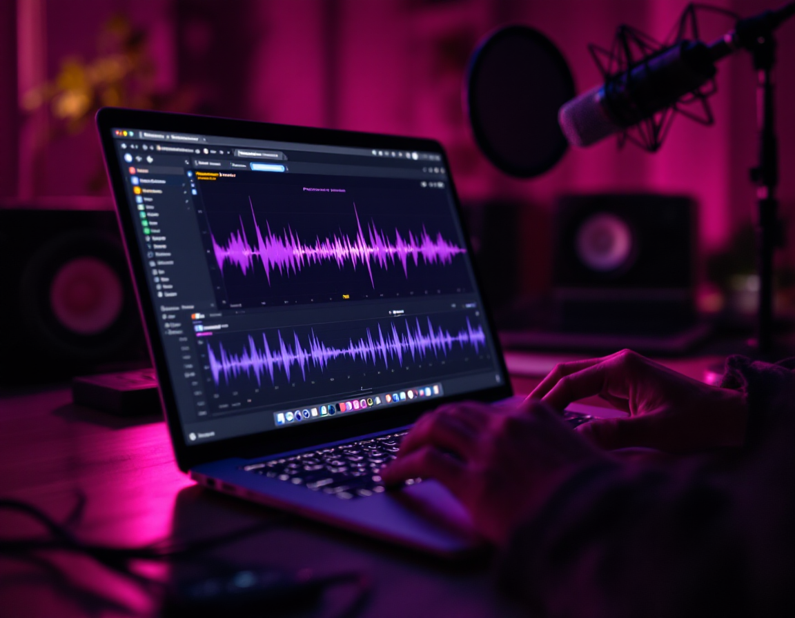Editing a podcast waveform on a laptop in a dimly lit studio